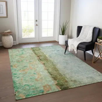 9' X 12' Olive Green And Blue Abstract Washable Indoor Outdoor Area Rug