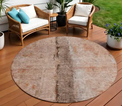 8' Orange Peach And Brown Round Abstract Washable Indoor Outdoor Area Rug