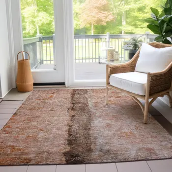 10' X 14' Orange Peach And Brown Abstract Washable Indoor Outdoor Area Rug