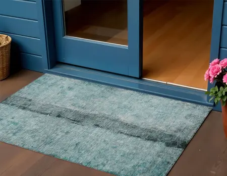 3' X 5' Teal Blue Aqua And Charcoal Abstract Washable Indoor Outdoor Area Rug