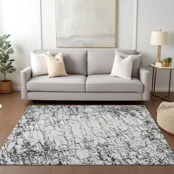 3' X 5' Black White And Gray Abstract Washable Indoor Outdoor Area Rug