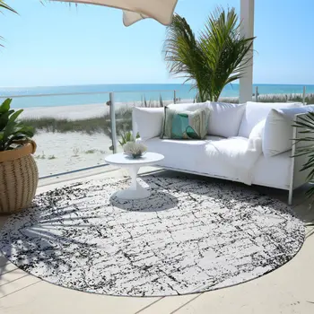 8' Black White And Gray Round Abstract Washable Indoor Outdoor Area Rug