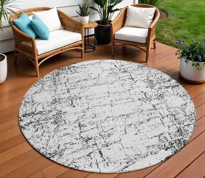 8' Black White And Gray Round Abstract Washable Indoor Outdoor Area Rug