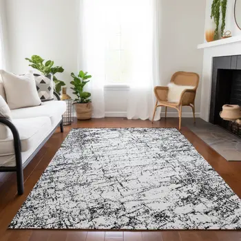 8' X 10' Black White And Gray Abstract Washable Indoor Outdoor Area Rug