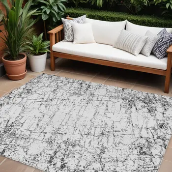 9' X 12' Black White And Gray Abstract Washable Indoor Outdoor Area Rug