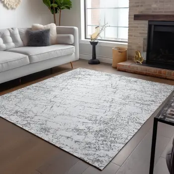 3' X 5' Gray And Ivory Abstract Washable Indoor Outdoor Area Rug