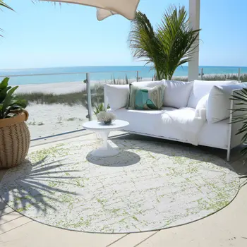 8' Green And Ivory Round Abstract Washable Indoor Outdoor Area Rug