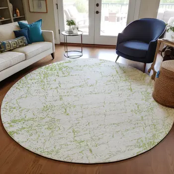 8' Green And Ivory Round Abstract Washable Indoor Outdoor Area Rug
