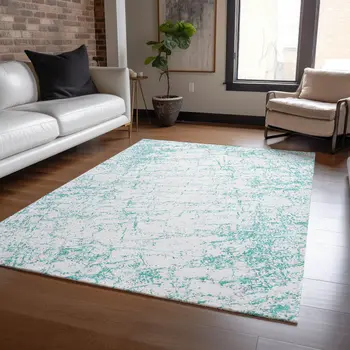 3' X 5' Teal Blue And Ivory Abstract Washable Indoor Outdoor Area Rug