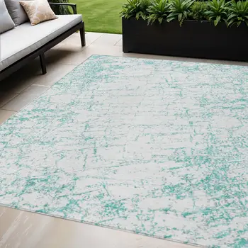 5' X 8' Teal Blue And Ivory Abstract Washable Indoor Outdoor Area Rug