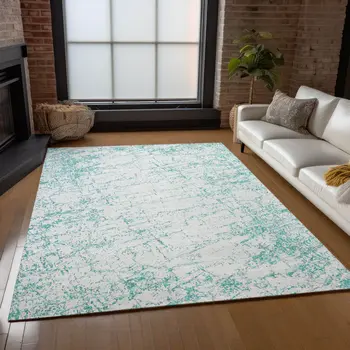 5' X 8' Teal Blue And Ivory Abstract Washable Indoor Outdoor Area Rug