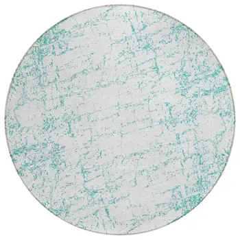 8' Teal Blue And Ivory Round Abstract Washable Indoor Outdoor Area Rug