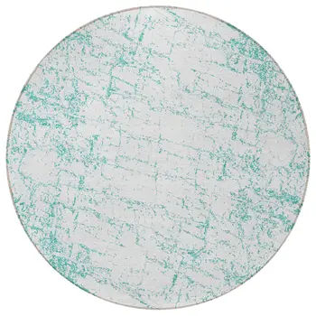 8' Teal Blue And Ivory Round Abstract Washable Indoor Outdoor Area Rug