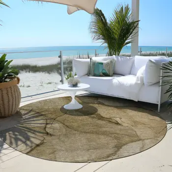 8' Brown Beige And Taupe Round Abstract Washable Indoor Outdoor Area Rug