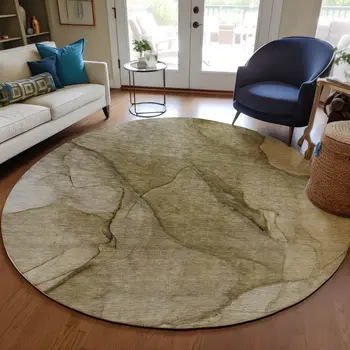 8' Brown Beige And Taupe Round Abstract Washable Indoor Outdoor Area Rug