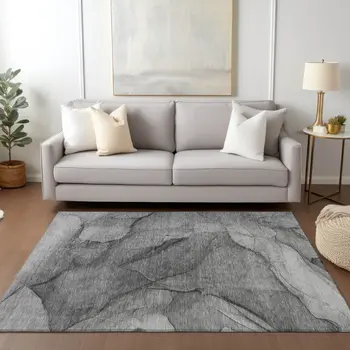 3' X 5' Gray Silver And Charcoal Abstract Washable Indoor Outdoor Area Rug