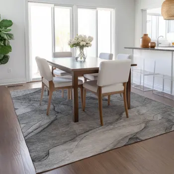 5' X 8' Gray Silver And Charcoal Abstract Washable Indoor Outdoor Area Rug