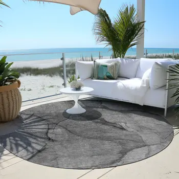 8' Gray Silver And Charcoal Round Abstract Washable Indoor Outdoor Area Rug