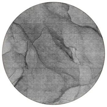 8' Gray Silver And Charcoal Round Abstract Washable Indoor Outdoor Area Rug