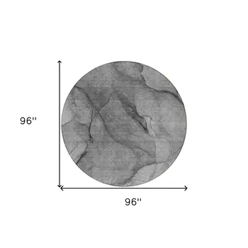 8' Gray Silver And Charcoal Round Abstract Washable Indoor Outdoor Area Rug