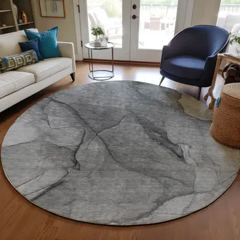 8' Gray Silver And Charcoal Round Abstract Washable Indoor Outdoor Area Rug