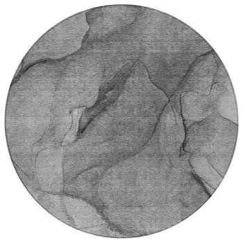8' Gray Silver And Charcoal Round Abstract Washable Indoor Outdoor Area Rug