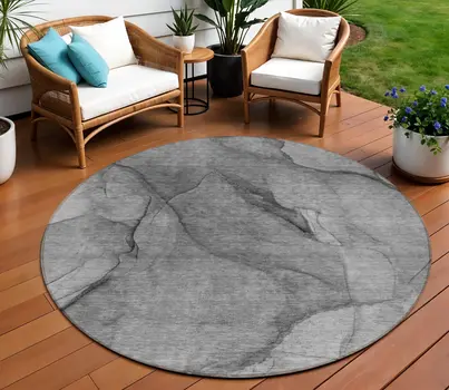 8' Gray Silver And Charcoal Round Abstract Washable Indoor Outdoor Area Rug