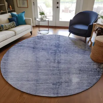 8' Navy Blue And Sky Blue Round Abstract Washable Indoor Outdoor Area Rug