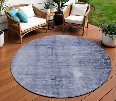 8' Navy Blue And Sky Blue Round Abstract Washable Indoor Outdoor Area Rug