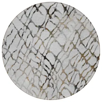 8' Silver Gray And Charcoal Round Abstract Washable Indoor Outdoor Area Rug