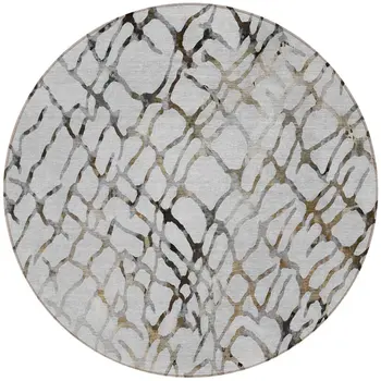 8' Silver Gray And Charcoal Round Abstract Washable Indoor Outdoor Area Rug