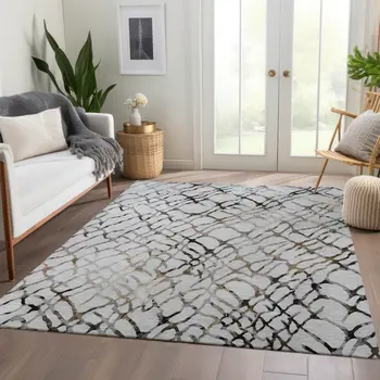 8' X 10' Silver Gray And Charcoal Abstract Washable Indoor Outdoor Area Rug