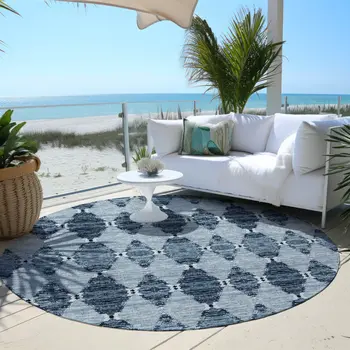 8' Navy Blue And Denim Blue Round Moroccan Washable Indoor Outdoor Area Rug