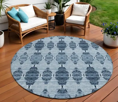 8' Navy Blue And Denim Blue Round Moroccan Washable Indoor Outdoor Area Rug