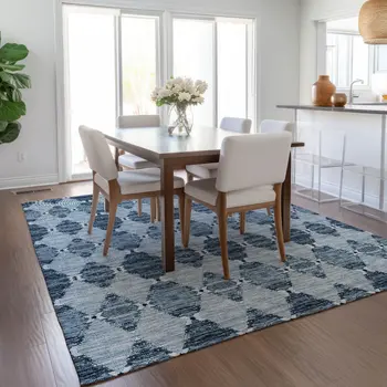 9' X 12' Navy Blue And Denim Blue Moroccan Washable Indoor Outdoor Area Rug