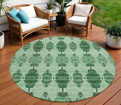 8' Emerald And Green Round Moroccan Washable Indoor Outdoor Area Rug