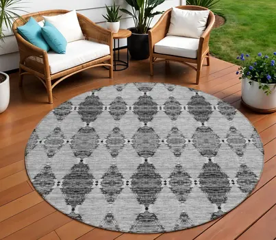 8' Gray Charcoal And Silver Round Moroccan Washable Indoor Outdoor Area Rug