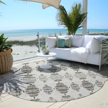 8' Taupe Beige And Coffee Round Moroccan Washable Indoor Outdoor Area Rug