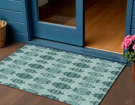 3' X 5' Teal Blue Aqua And Charcoal Moroccan Washable Indoor Outdoor Area Rug