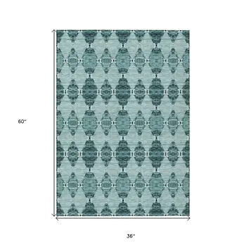 3' X 5' Teal Blue Aqua And Charcoal Moroccan Washable Indoor Outdoor Area Rug