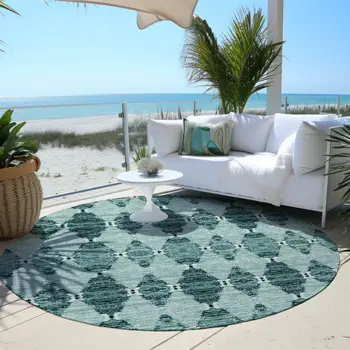 8' Teal Blue Aqua And Charcoal Round Moroccan Washable Indoor Outdoor Area Rug