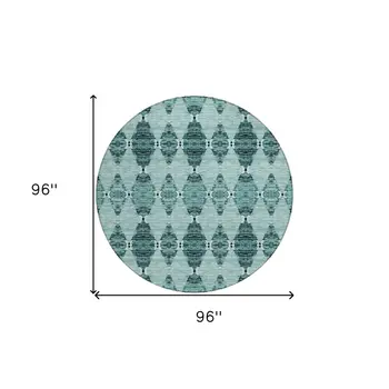 8' Teal Blue Aqua And Charcoal Round Moroccan Washable Indoor Outdoor Area Rug