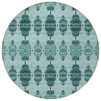 8' Teal Blue Aqua And Charcoal Round Moroccan Washable Indoor Outdoor Area Rug