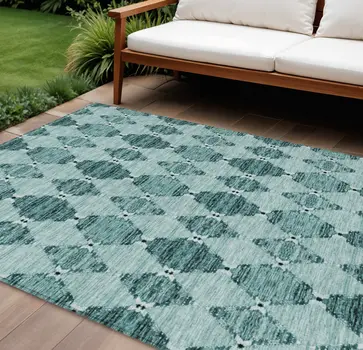 10' X 14' Teal Blue Aqua And Charcoal Moroccan Washable Indoor Outdoor Area Rug