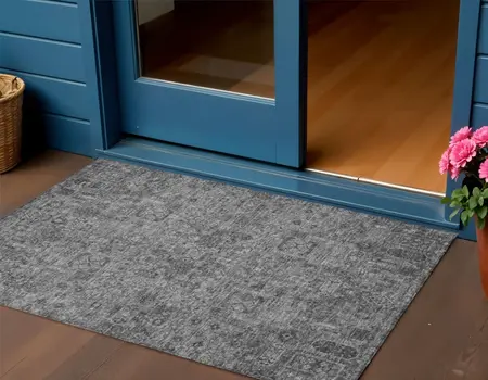 3' X 5' Charcoal And Silver Floral Washable Indoor Outdoor Area Rug