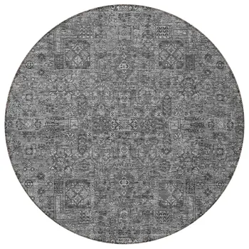 8' Charcoal And Silver Round Floral Washable Indoor Outdoor Area Rug