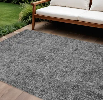 8' X 10' Charcoal And Silver Floral Washable Indoor Outdoor Area Rug