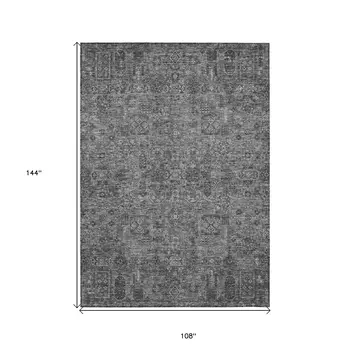 9' X 12' Charcoal And Silver Floral Washable Indoor Outdoor Area Rug