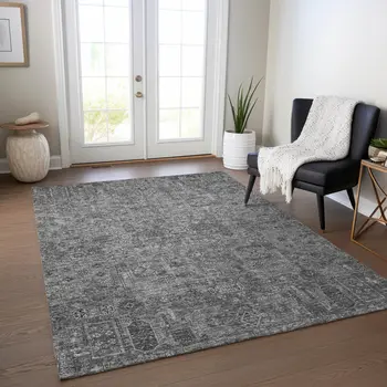 9' X 12' Charcoal And Silver Floral Washable Indoor Outdoor Area Rug