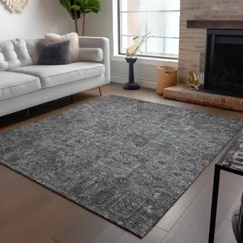 9' X 12' Charcoal And Silver Floral Washable Indoor Outdoor Area Rug